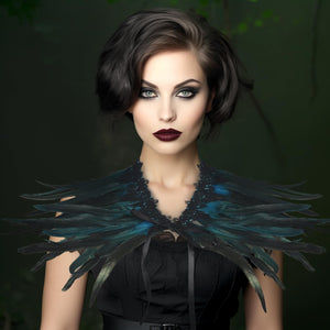 Gothic Black Feather Shawl Victorian Costume Shrug Halloween Cosplay Feather Wrap Lace Neck