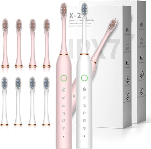 Electric Toothbrush with 8 Brush Heads, 42000vpm 6 Modes IPX7 Waterproof, Soft Electric Toothbrush for Adults - 2 Pack, White+Pink