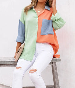 Women's Color Block Long Sleeve Button Down Boyfriend Shirt Blouses