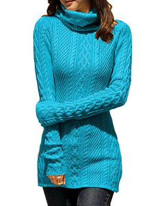 Women Polo Neck Long Slim Fitted Dress Bodycon Turtleneck Cable Knit Sweater