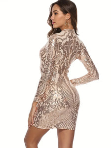 Glamorous Sequined Bodycon Dress - Opulent Baroque Pattern - Crew Neck, Long Sleeves - S