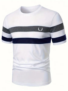 Men's Crew Neck Short Sleeve Stripe Pattern T-Shirt - Soft Slight Stretch Polyester Fabric, Casual Chic Top- L