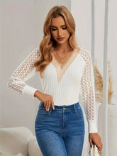 Load image into Gallery viewer, Contrast Lace V Neck Top, Elegant Long Sleeve Top For Spring &amp; Fall, Women&#39;s Clothing- Size: M