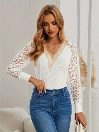 Contrast Lace V Neck Top, Elegant Long Sleeve Top For Spring & Fall, Women's Clothing- Size: M