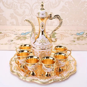 Vintage Metal Wine/Coffee Pot Set, European Style Tea Set, 6 Luxury Coffee Cups, Craft Tea Tray And Teapot, White Gold