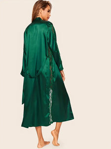 Elegant Solid Contrast Lace Hollow Out Night Robes, Comfy Long Sleeve Longline Sleep Robe With Belt, Women's Sleepwear