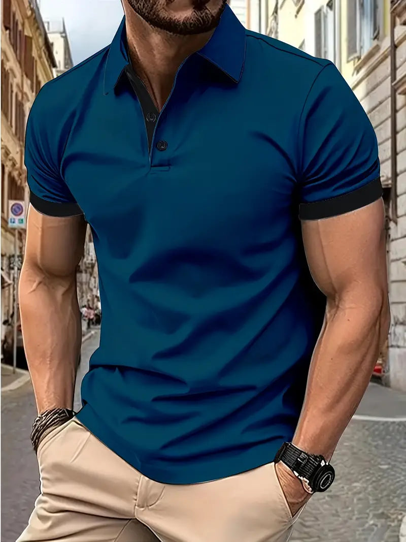 Mens Fashionable Lapel Short Sleeve Golf T-Shirt - Breathable Polyester Fabric, Button Detail, Regular Fit, XL