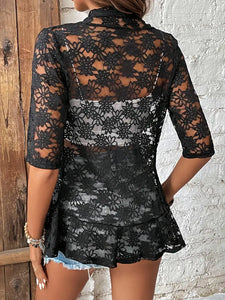 Lace Open Front Jacket - Delicate Floral Pattern, Dramatic Open Front Design, Flowing Long Sleeves, Sheer See-Through Fabric