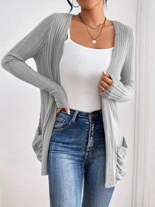 Solid Open Front Rib Knit Cardigan, Casual Long Sleeve Slim Cardigan With Pocket, Women's Clothing- L