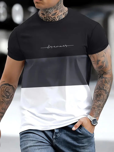 Color Blocked Crew Neck Short Sleeve T-shirt For Men, Casual Summer T-Shirt For Daily Wear- Size M