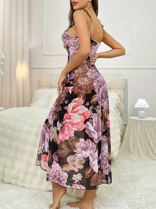 Floral Print Maxi Sleepwear Dress - V Neck, Backless, Semi Sheer, Ruffle Trim, Comfortable, And Soft for Women