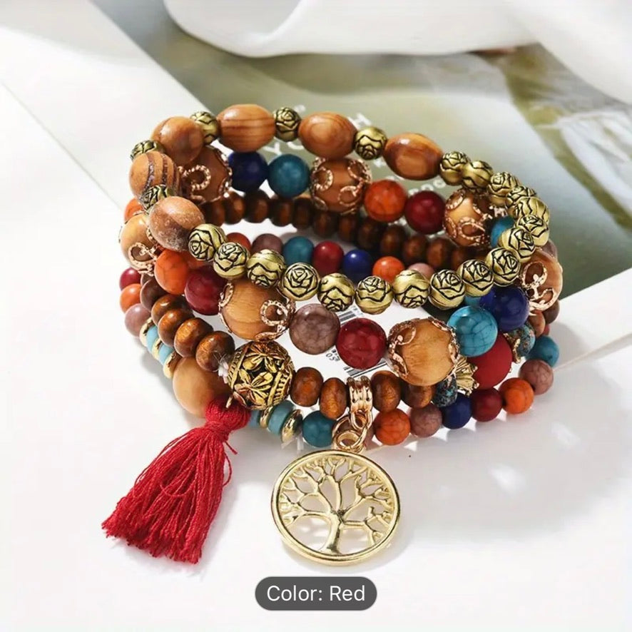 Bohemian Boho Tassel Multilayer Bracelet Hand Jewelry Handmade Turquoise Stone With Tree Of Life Pendant - 2 Colors