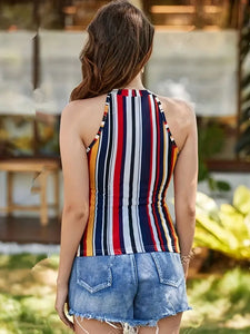 Striped Spaghetti Strap Top, Vacation Style Sleeveless Slim Fit Top For Spring & Summer- Size: M