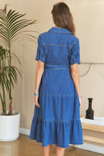 Load image into Gallery viewer, Tiered Button Down Tie Waist Short Sleeve Denim Dress