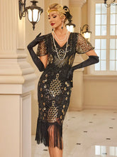 Load image into Gallery viewer, Dazzling Sequined Tassel Dress - Stunning V-Neckline, Chic Short Sleeves, Intricately Embroidered, Dazzling Sequins, Glamorous Tassel Details