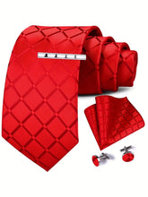 Load image into Gallery viewer, Men&#39;s Elegant 4pcs Tie Set With Plaid Design - Includes Classic Fashion Necktie, Pocket Square, Clip, and Cufflinks - Red