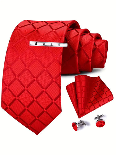 Men's Elegant 4pcs Tie Set With Plaid Design - Includes Classic Fashion Necktie, Pocket Square, Clip, and Cufflinks - Red