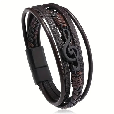 Fashionable Retro Music Note PU Leather Minimalist Multi-Layer Magnetic Buckle Bracelet for Men - Perfect for Music Lovers