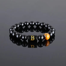 Load image into Gallery viewer, Luxury Glossy Black Glass Letter Beaded Tiger Eye Stone Boho Chic Stainless Steel 14K Gold Plated Adjustable Cuff Bangle for Men and Women