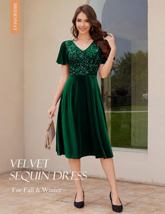 Formal Velvet Dress for Women Sequin Cocktail Dress with Sleeves for Fall and Winter