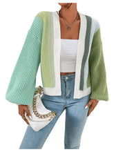 Load image into Gallery viewer, Women&#39;s Color Block Open Front Long Sleeve Ribbed Knit Cropped Cardigan Sweaters