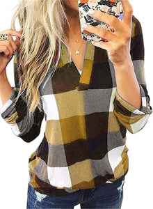 Womens Basic Casual V Neck Plaid Print Cotton Cuffed Long Sleeve Work Tops Blouses Shirts S-3XL