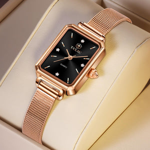 Women's Casual Watch, Rose Gold Tone Mesh Bracelet Stainless Steel Square Dress Watches for Women, Fashion Business Analog Quartz Ladies Small Wrist Watch