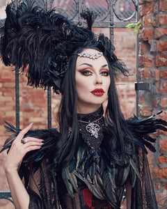 Gothic Black Feather Shawl Victorian Costume Shrug Halloween Cosplay Feather Wrap Lace Neck