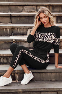 Leopard Sweatsuits Women 2 Piece Sets Crew neck Long Sleeve Tops Pants, Tracksuit with Pockets