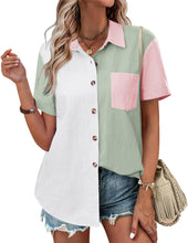 Load image into Gallery viewer, Womens Button Down Shirts Color Block Short Sleeve Cotton Linen Summer Causal Blouses Tops