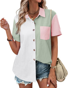 Womens Button Down Shirts Color Block Short Sleeve Cotton Linen Summer Causal Blouses Tops