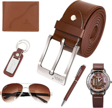 Load image into Gallery viewer, 6pcs Men&#39;s Gift Set with Box Brown Leather Belt Wallet Watch Glasses Keychain Ballpoint Pen Gifts for Men, Valentines Day Gifts for Him