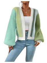 Load image into Gallery viewer, Women&#39;s Color Block Open Front Long Sleeve Ribbed Knit Cropped Cardigan Sweaters