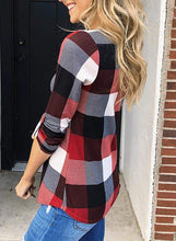 Load image into Gallery viewer, Womens Basic Casual V Neck Plaid Print Cotton Cuffed Long Sleeve Work Tops Blouses Shirts S-3XL