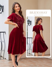 Load image into Gallery viewer, Formal Velvet Dress for Women Sequin Cocktail Dress with Sleeves for Fall and Winter