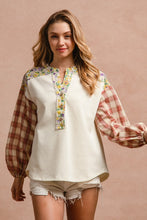 Load image into Gallery viewer, BiBi Floral Notched Plaid Balloon Sleeve Top for Girls and Women