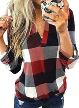 Load image into Gallery viewer, Womens Basic Casual V Neck Plaid Print Cotton Cuffed Long Sleeve Work Tops Blouses Shirts S-3XL