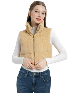 Cropped Puffer Vest Women with Pockets Short Corduroy Vest Sleeveless Stand Collar Padded Puffy Outerwear