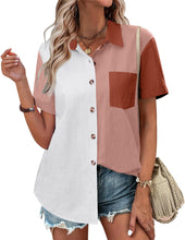 Load image into Gallery viewer, Womens Button Down Shirts Color Block Short Sleeve Cotton Linen Summer Causal Blouses Tops