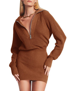 Womens Zipper Up Bodycon Sweater Dress Cozy Pullover Long Sweaters in 8 Colors