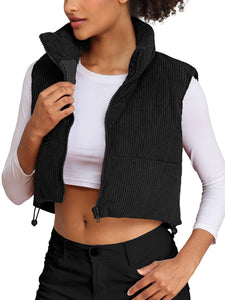 Women's Corduroy Cropped Puffer Vest with Pockets, High Stand Collar Outerwear Lightweight Warm Sleeveless Jacket