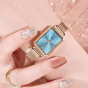 Women's Casual Watch, Rose Gold Tone Mesh Bracelet Stainless Steel Square Dress Watches for Women, Fashion Business Analog Quartz Ladies Small Wrist Watch