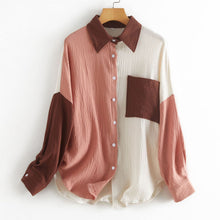 Load image into Gallery viewer, Women&#39;s Color Block Long Sleeve Button Down Boyfriend Shirt Blouses