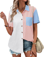 Load image into Gallery viewer, Womens Button Down Shirts Color Block Short Sleeve Cotton Linen Summer Causal Blouses Tops