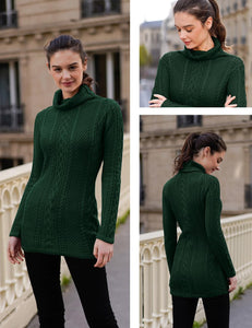 Women Polo Neck Long Slim Fitted Dress Bodycon Turtleneck Cable Knit Sweater