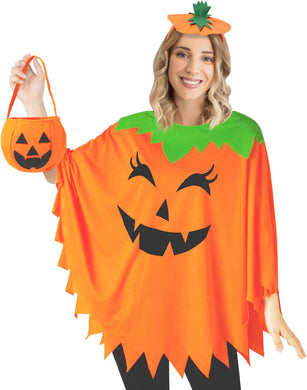 3 PCS Pumpkin Costume for Women,Halloween Pumpkin Poncho for Adults,Halloween Costume for Women with Accessories