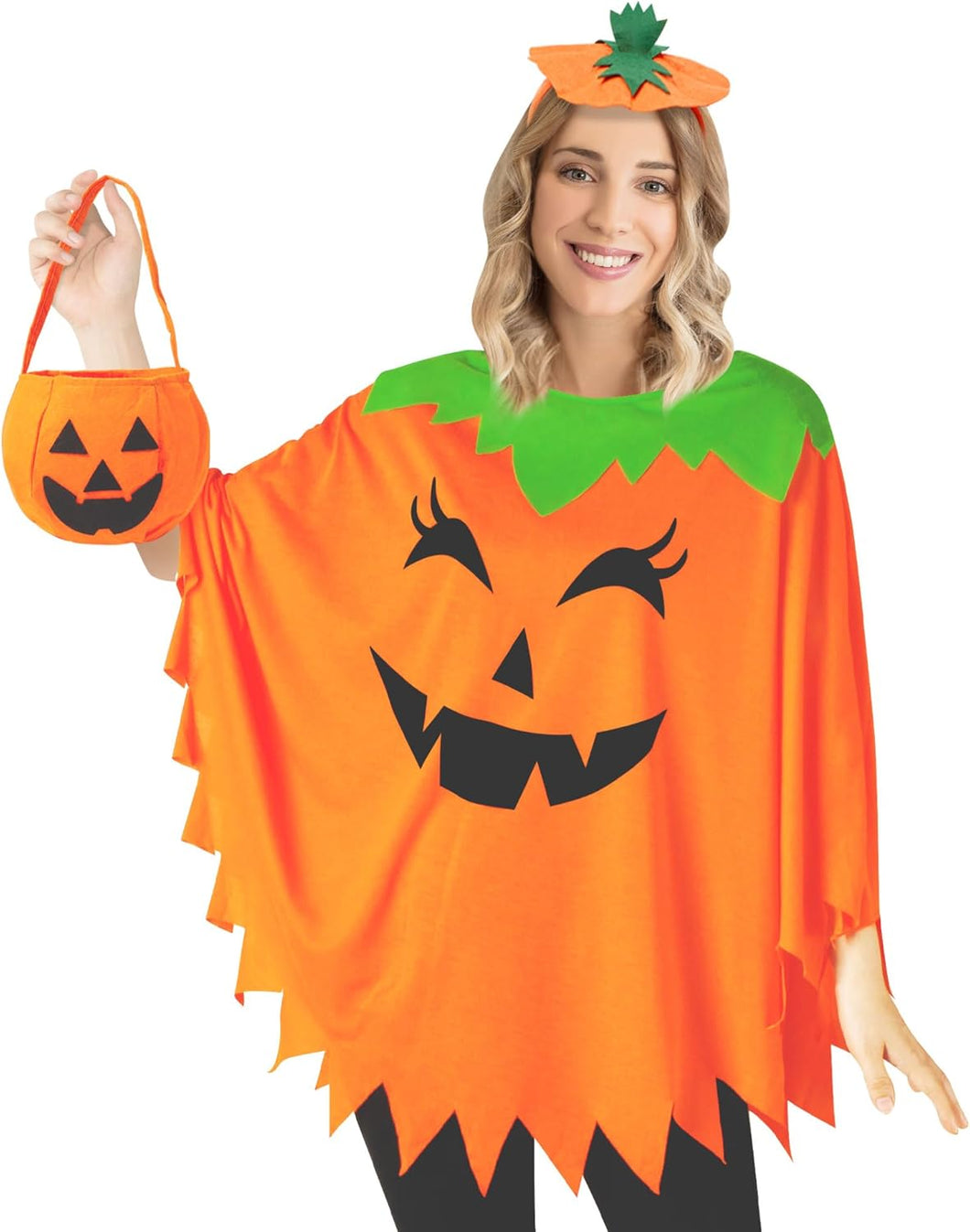 3 PCS Pumpkin Costume for Women,Halloween Pumpkin Poncho for Adults,Halloween Costume for Women with Accessories