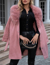 Load image into Gallery viewer, Women Faux Suede Leather Jacket Fall and Winter Fashion Trench Long Cardigan Belted Coat with Detachable Fur Collar