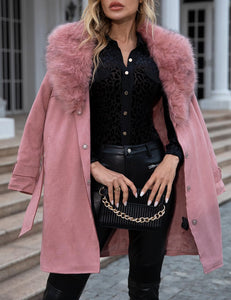 Women Faux Suede Leather Jacket Fall and Winter Fashion Trench Long Cardigan Belted Coat with Detachable Fur Collar