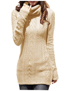 Women Polo Neck Long Slim Fitted Dress Bodycon Turtleneck Cable Knit Sweater